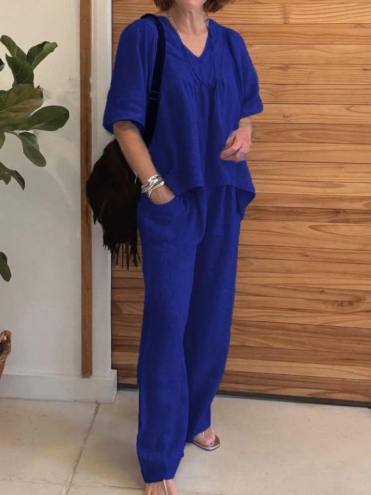 Solid Color Loose Short Sleeve Trousers Set