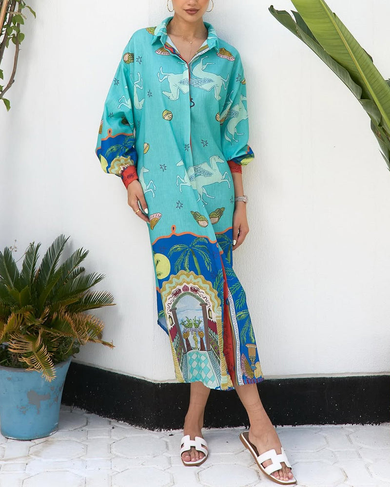 Holiday Loose Long Sleeve Printed Shirt Dress