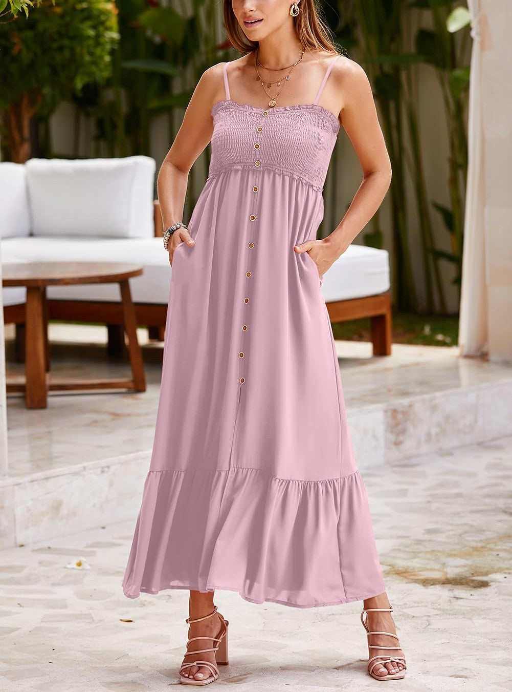 PinkLaura 2025 New Spaghetti Strap Button Ruffle Pocket Maxi Dress (Buy 2 Free Shipping)