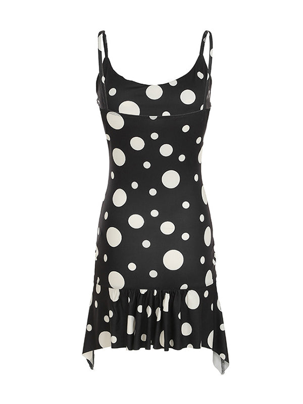 Sleeveless Contrast Color Pleated Polka-Dot Spaghetti-Neck Mini Dresses