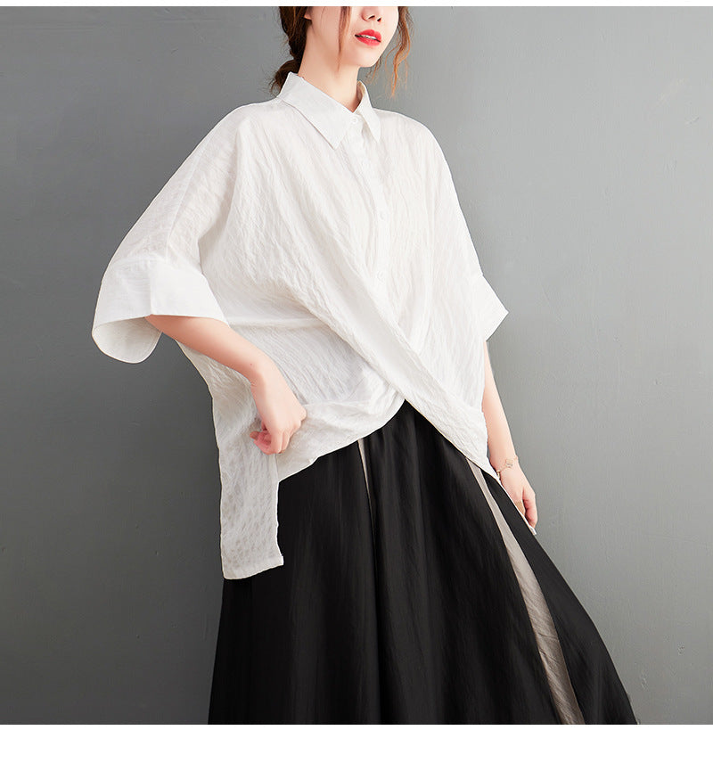 Loose Vertical Stripe Short Sleeve Shirt