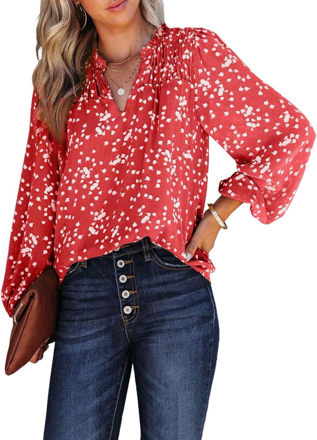 Relaxed V-Neck Floral Print Pleated Long-Sleeved Chiffon Shirt (Buy 2 Free Shipping)