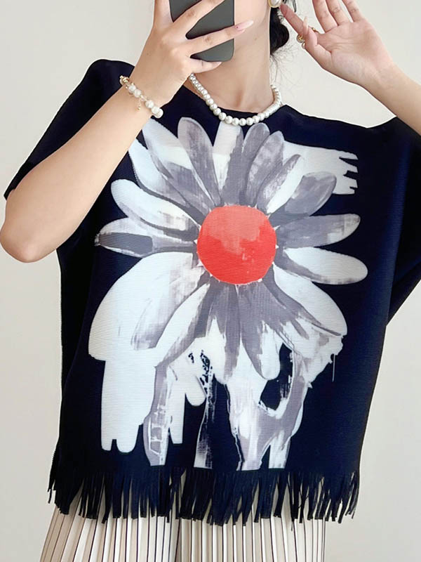 Batwing Sleeves Loose Flower Print Pleated Tasseled Round-Neck T-Shirts Tops