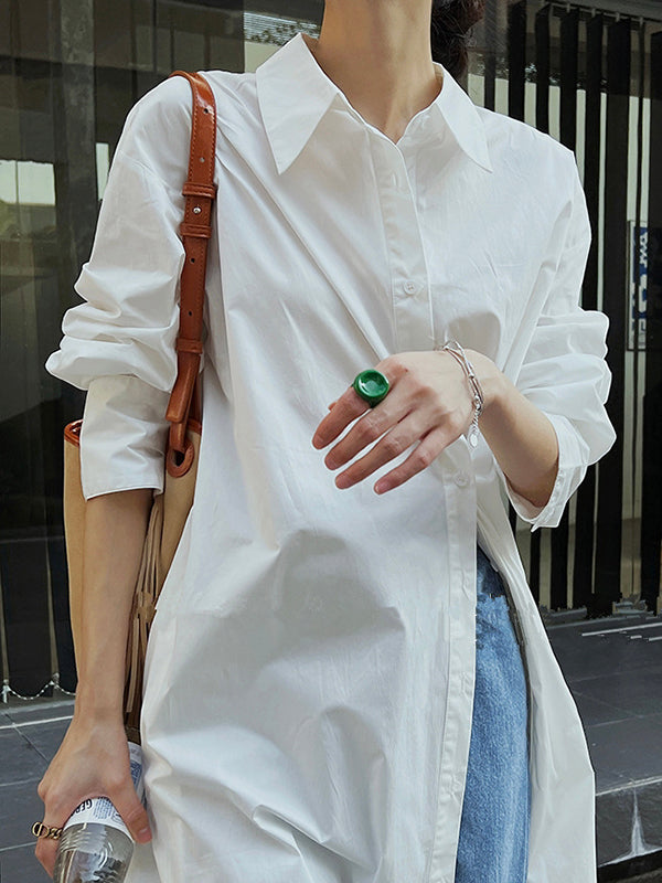 Long Sleeves Loose Asymmetric Solid Color Lapel Shirt Dress