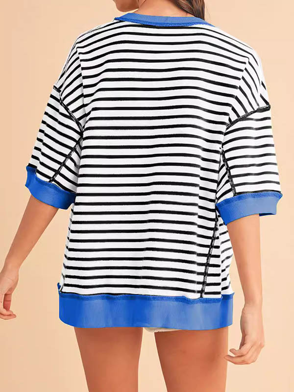 High-Low Loose Split-Joint Striped Round-Neck T-Shirts