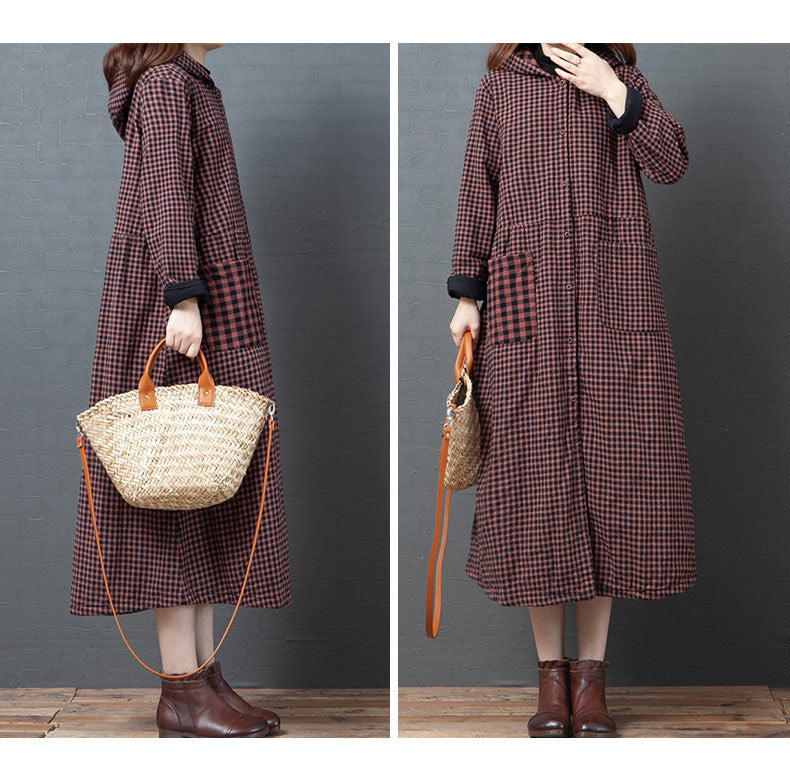 Loose Splicing Hooded Plaid Midi Dress