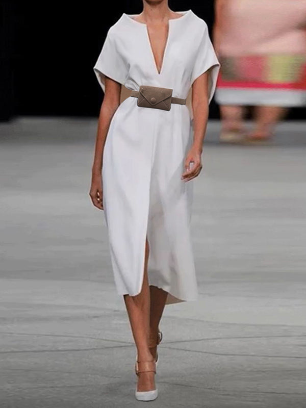 Loose Short Sleeves Belted Solid Color Split-Front Deep V-Neck Midi Dresses