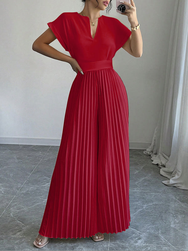Loose Short Sleeves Pleated Solid Color Split-Joint V-Neck Jumpsuits