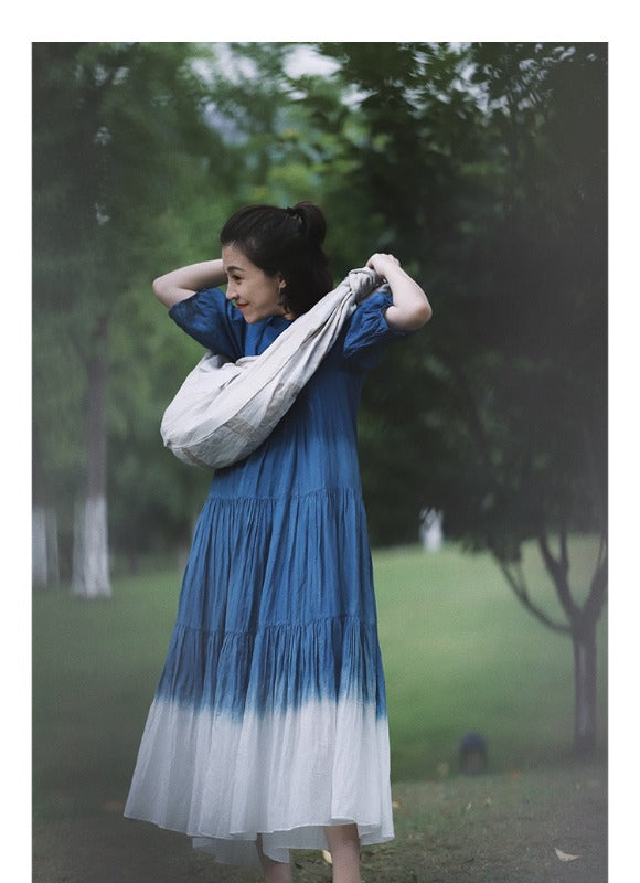 Literary Vintage Tie-Dye Gradual Loose Light Mulberry Silk Midi Dress