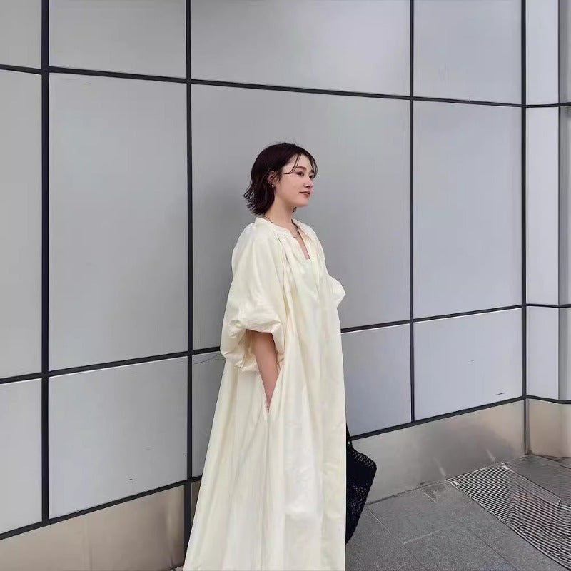 V-Neck Loose Casual Puffy Sleeves Solid Color Maxi Dress