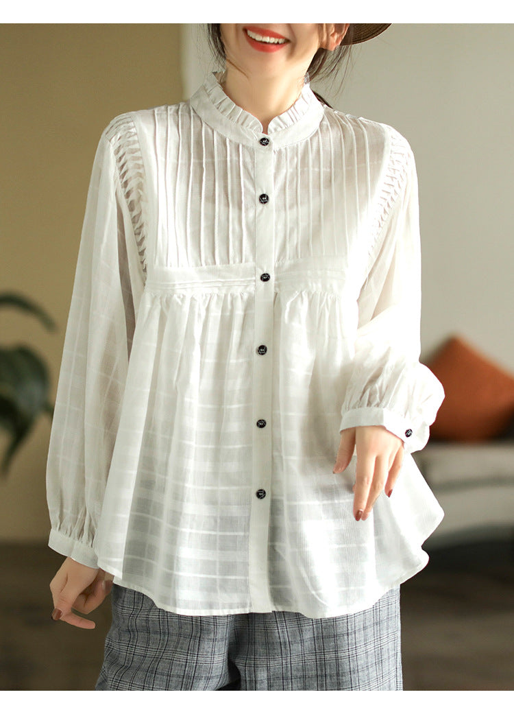 Literary Splicing Bubble Sleeve Cotton Shirt