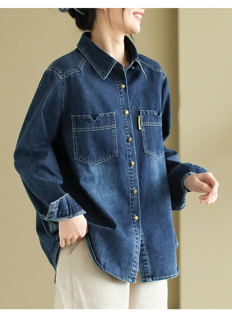 Retro Denim Lapel Long Sleeve Shirt