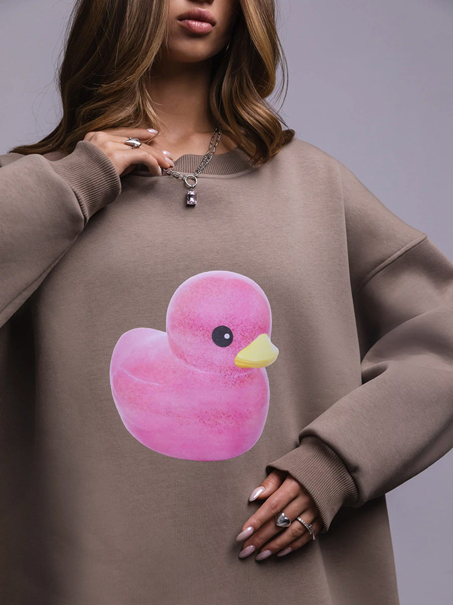Duck pattern round neck sweater women's simple casual loose printed sweater