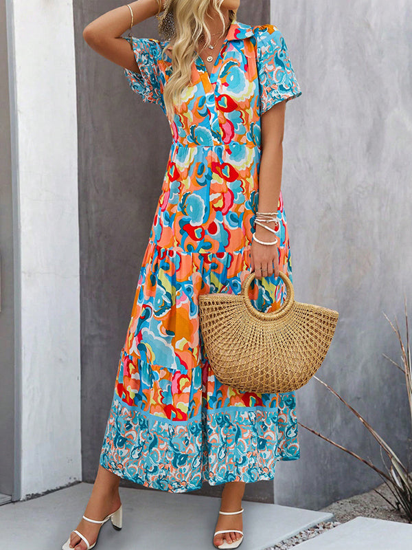 A-Line Half Sleeves Buttoned Contrast Color Printed Lapel Maxi Dresses