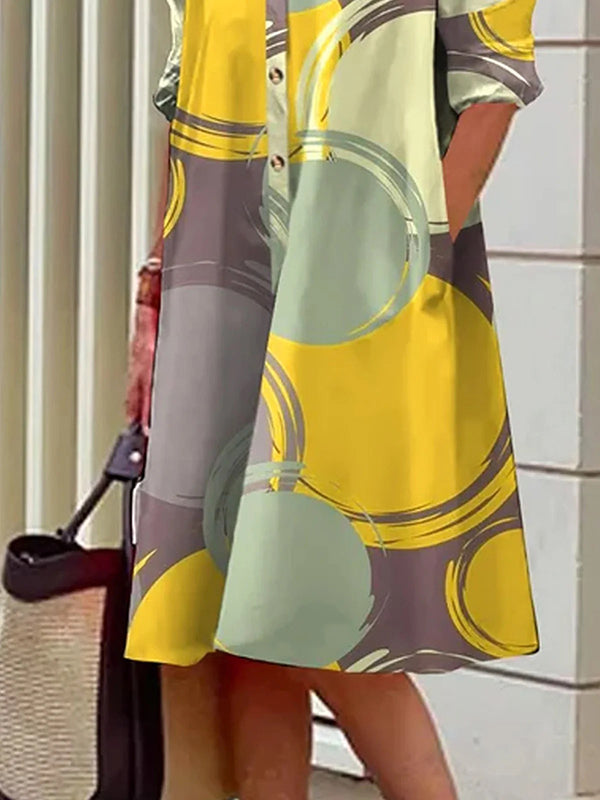 A-Line Long Sleeves Buttoned Pockets Printed Lapel Midi Dresses
