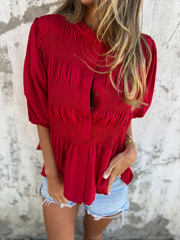 Loose Plus Size Elasticity Pleated Solid Color Round-Neck Blouses&Shirts Tops