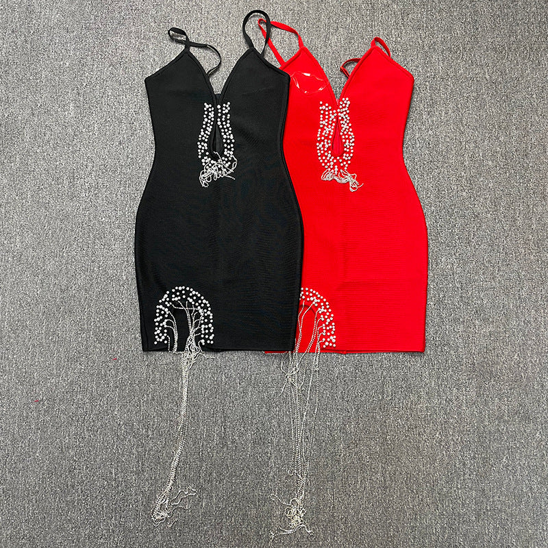 Bandage women's sexy hollow-out camisole tassel rhinestone waist dress evening dress