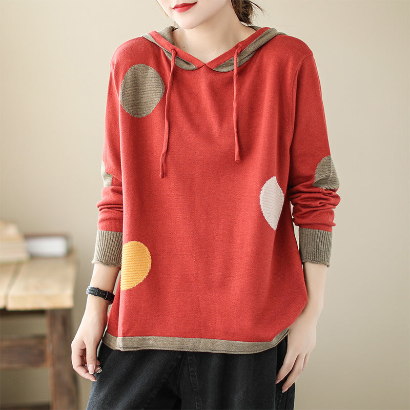Retro Big Polka Dot Hooded Knit Sweatshirt