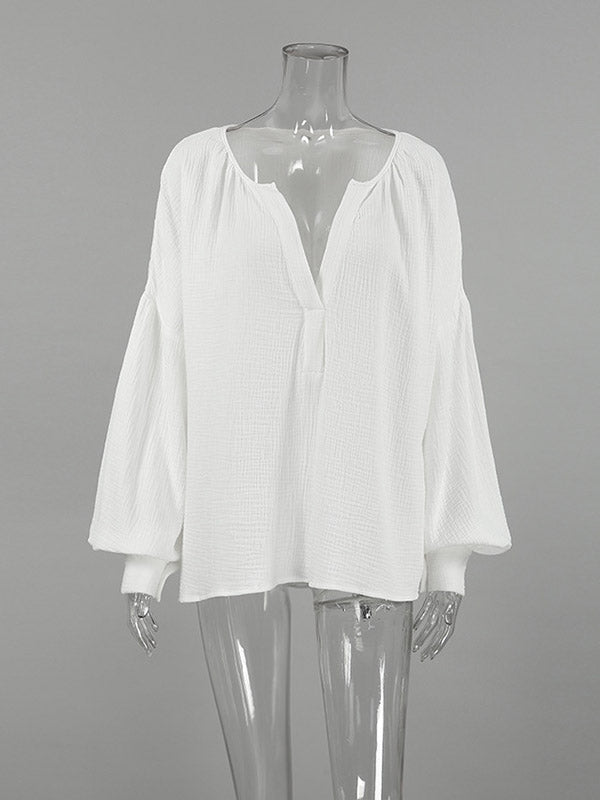 Loose Puff Sleeves Pleated Solid Color Split-Joint V-Neck Blouses&Shirts Tops