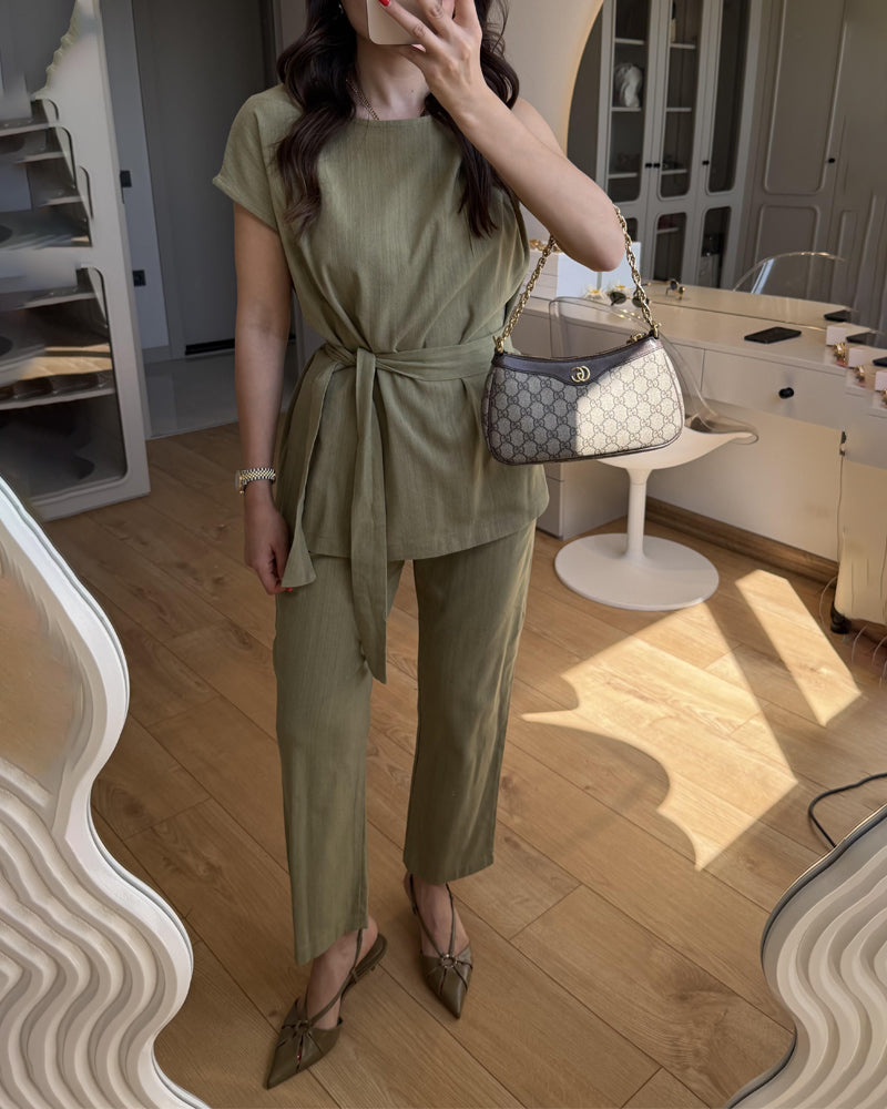 Solid Color Design One-Sleeve Top & Pants Two-Piece Set