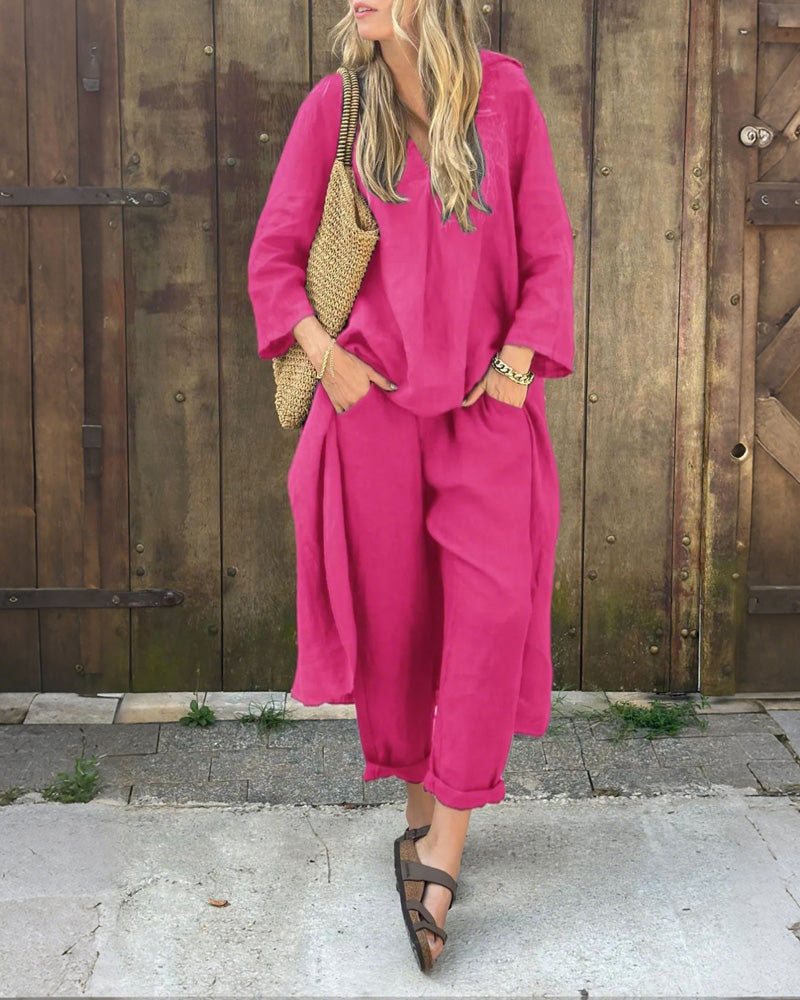 Solid Color Irregular Length Top & Pants Two-Piece Set