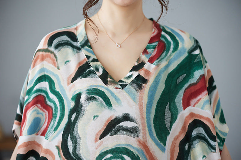 Vintage V-Neck Holiday Style Loose Printed Dress