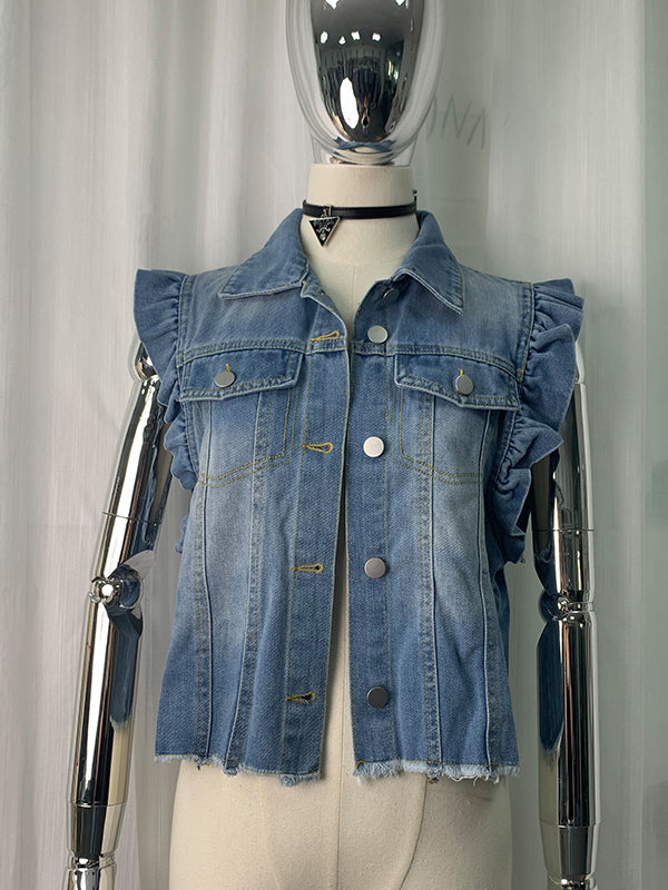 Loose Ruffle Sleeves Buttoned Fringed Pockets Split-Joint Lapel Vest Outerwear