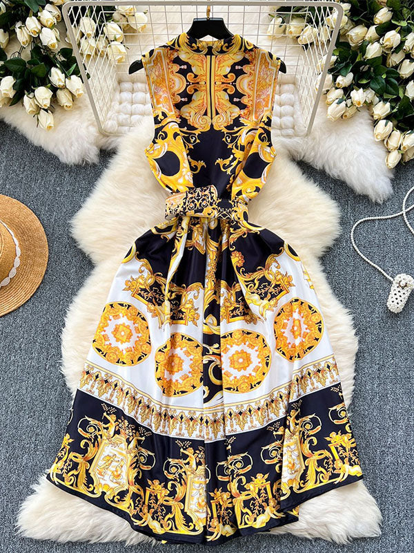 Sleeveless Belt Buckle Buttoned Contrast Color Floral Printed Midi Dresses