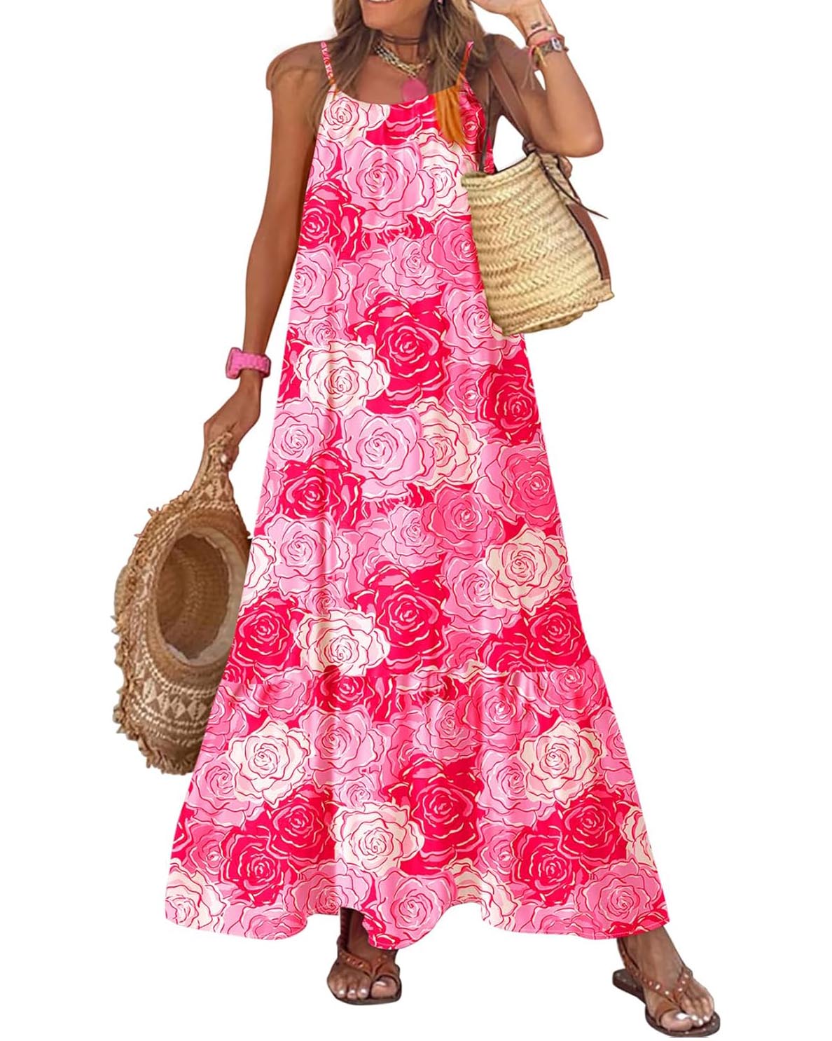 2025 Spaghetti Strap Round Neck Ruffled Ruffled Bohemian Maxi Dress (Buy 2 Free Shipping)