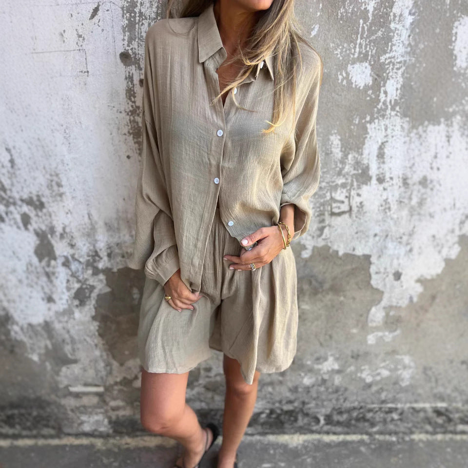 Casual Solid Color Shorts Long Sleeve Wrinkled Cloth Shirt Two-Piece Set