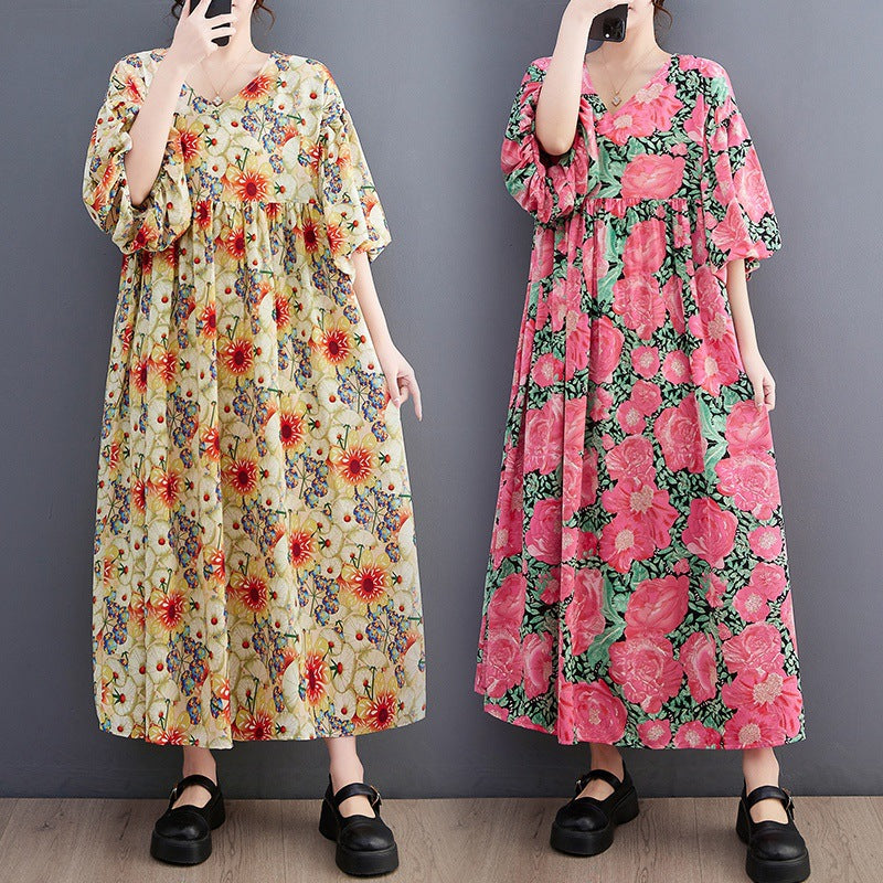 Literary Print Round Neck Short Sleeve Midi Dress