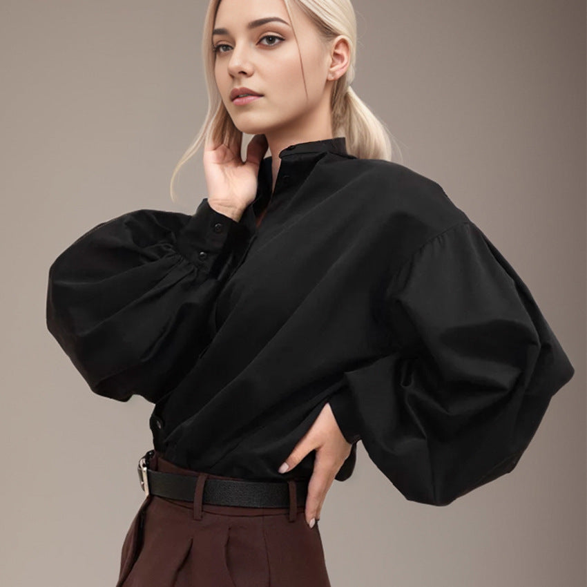 Minimalist Solid Color Lantern Sleeve Lapel Shirt