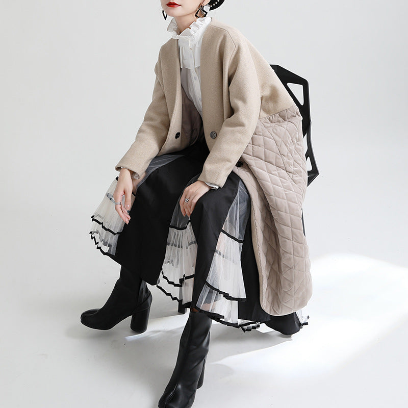 Niche Design Splicing V-Neck Cotton Coat