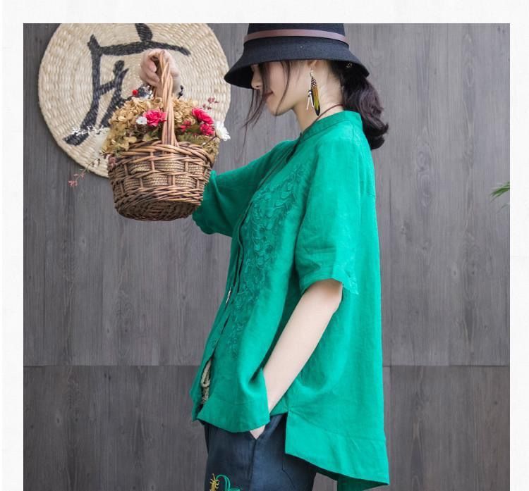 Loose Cotton Embroidered Short Sleeve Stand Collar Shirt