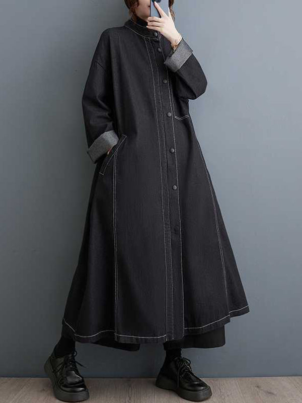 Long Sleeves Loose Buttoned Pockets Split-Joint Stand Collar Outerwear Trench Coats