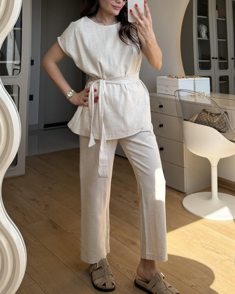 Solid Color Design One-Sleeve Top & Pants Two-Piece Set