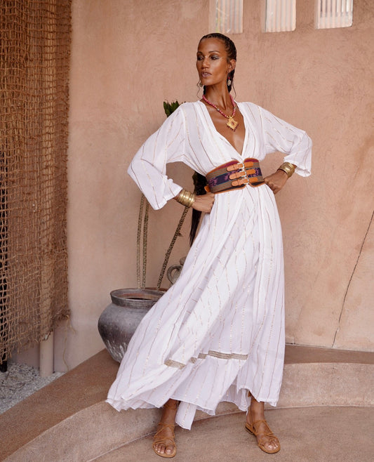 Ladies' striped deep V-sexy long sleeved dress