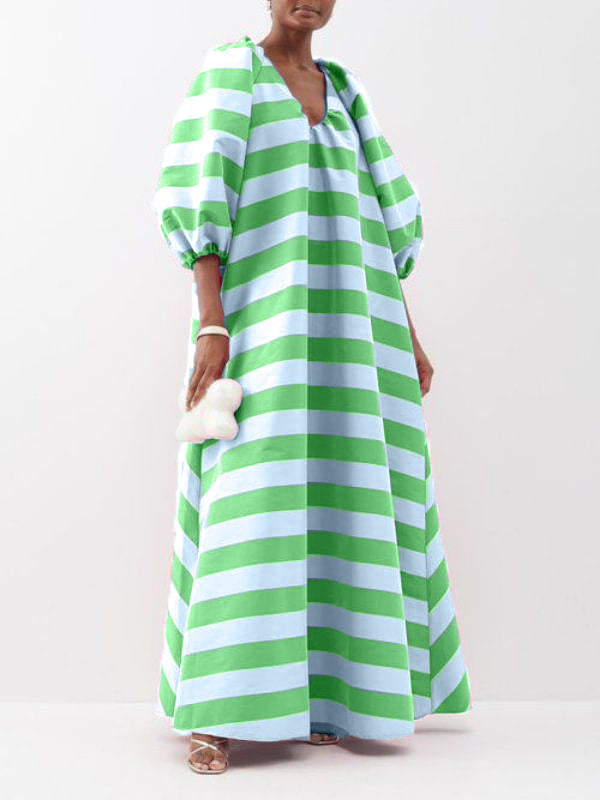 Elegant Striped Puff Sleeve Maxi Dress