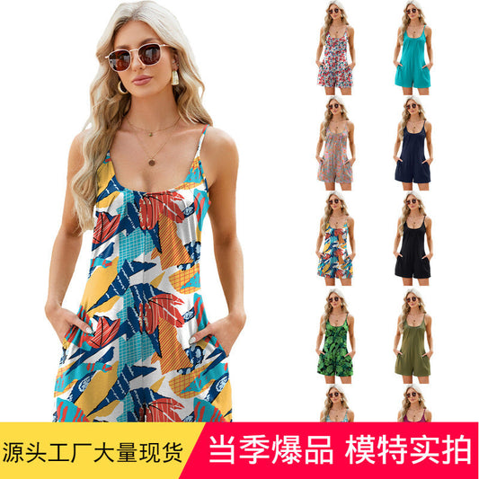 Strap jumpsuit casual shorts spring/summer new cross-border solid color loose pocket jumpsuit