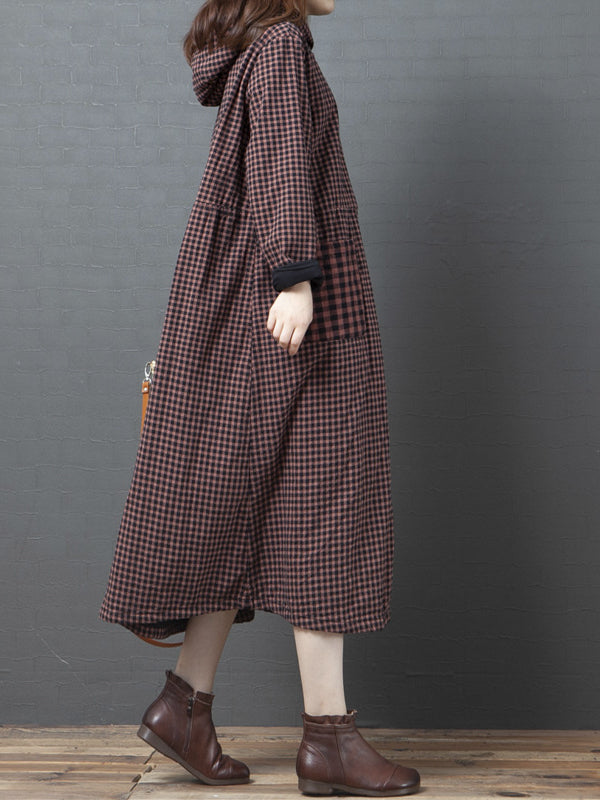 Loose Splicing Hooded Plaid Midi Dress