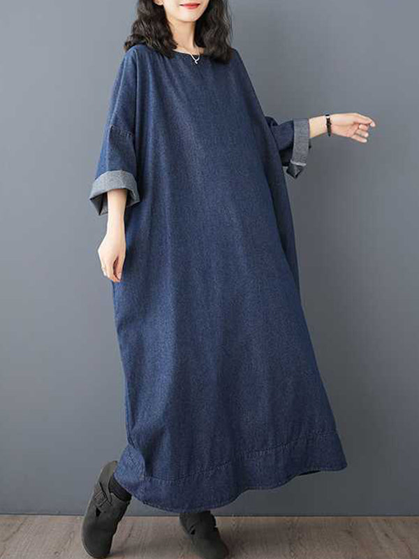 Long Sleeves Loose Solid Color Round-neck Midi Dresses