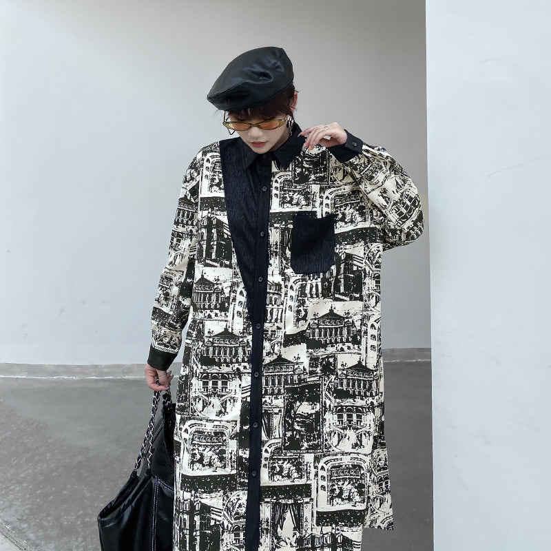 Vintage Print Lapel Windbreaker Coat