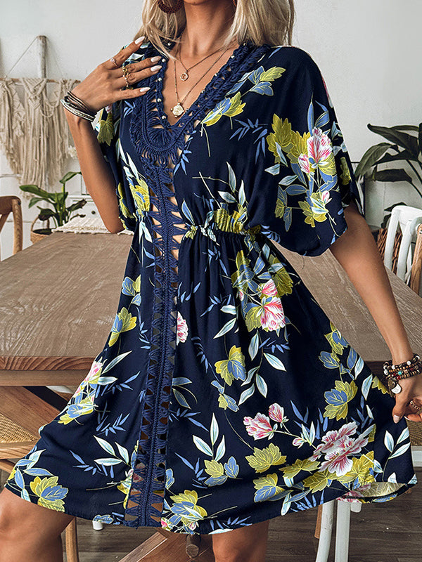 Loose Short Sleeves Flower Print Hollow V-Neck Cover-Up Mini Dresses