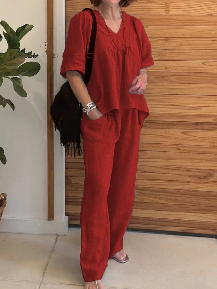 Solid Color Loose Short Sleeve Trousers Set