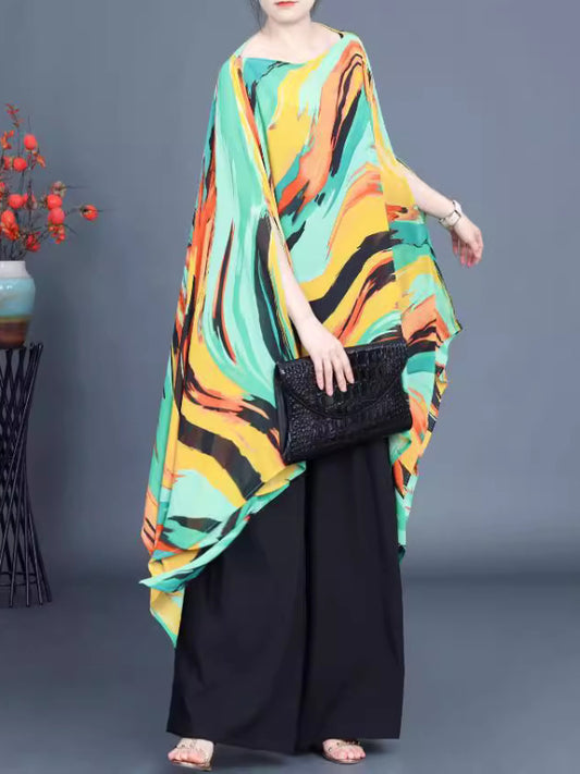 Loose Irregular Flowy Colorful Bat Sleeve Shawl Top