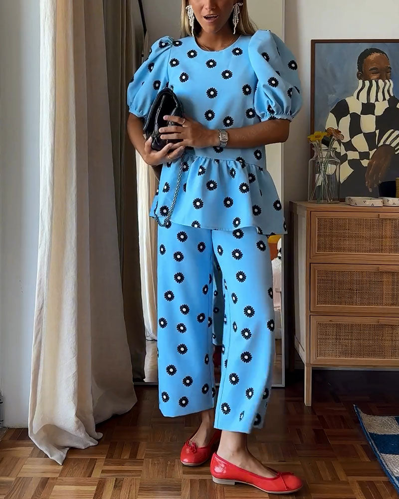 Puff sleeve floral print two piece set