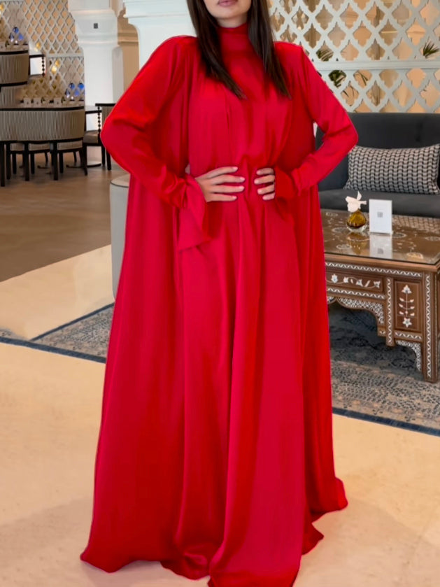 Flared Sleeves Long Sleeves Solid Color High-Neck Maxi Dresses