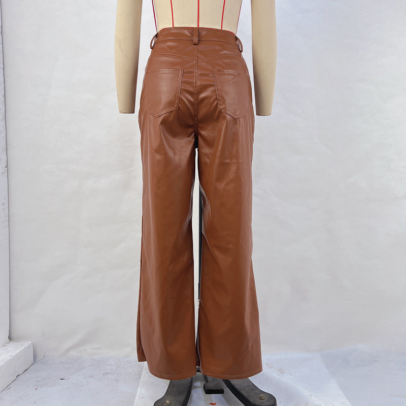 Women's leather pants high waist straight casual pants slimming retro trousers loose wide leg autumn and winter