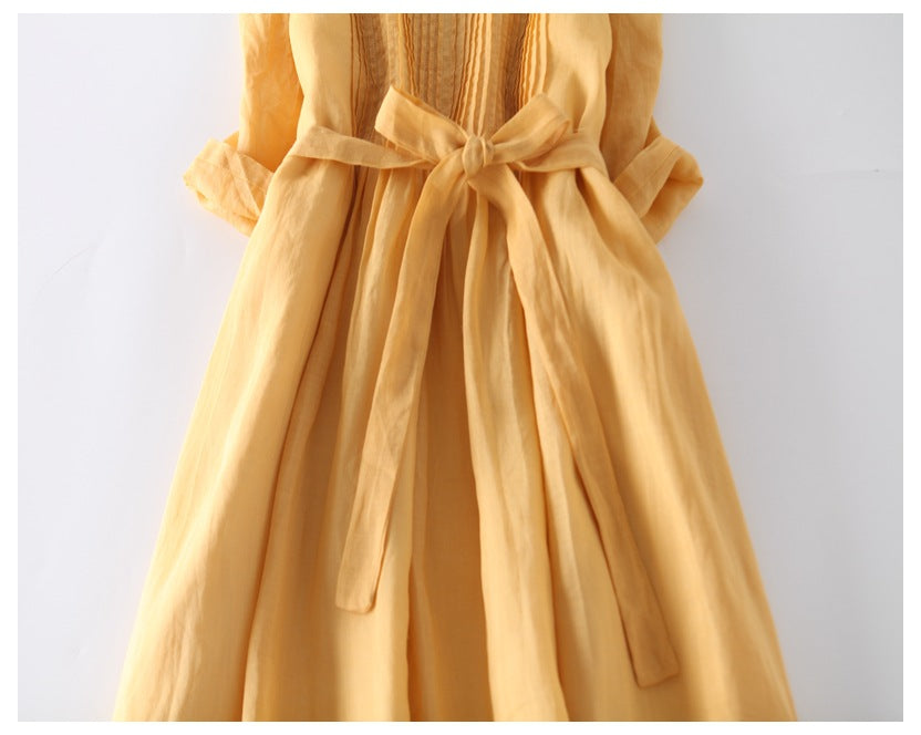 Loose Cotton Linen Tie Three Quarter Sleeve Dress