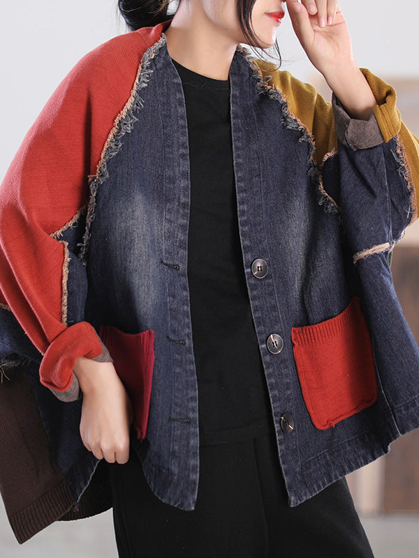 Loose Splicing Long Sleeve Denim Jacket